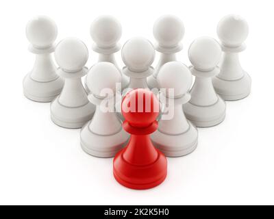Peón de ajedrez rojo delante de los peones blancos. Ilustración 3D Foto de stock
