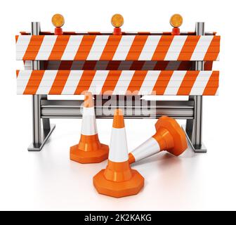 Bloque de carretera con conos de tráfico aislados sobre fondo blanco. Ilustración 3D Foto de stock