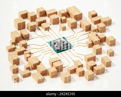 Gran grupo de cajas de cartón conectadas al microchip. Ilustración 3D Foto de stock
