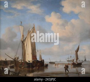 Barcos holandeses cierran costa adentro en la marea baja, y Men Bathing por el pintor holandés Willem van de Velde en la National Gallery, Londres, Reino Unido Foto de stock