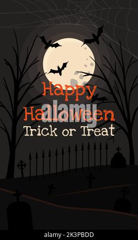 Letras Feliz Halloween y truco o tratar sobre el fondo de una luna llena y un cementerio con murciélagos, árboles y tumbas