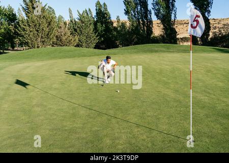 Atleta masculino atento con putter y pelota en el campo de golf mirando hacia adelante mientras se pone en cuclillas contra el palo el día de verano Foto de stock