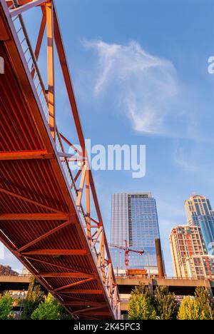 Puente rojo visto desde abajo con altos sitios de construcción en el fondo.