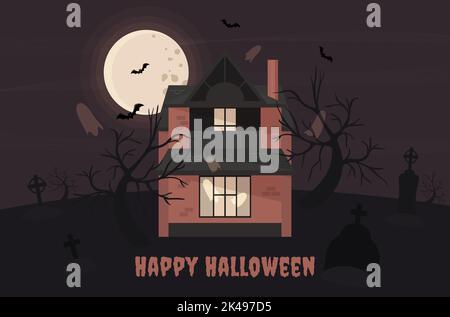 La inscripción Happy Halloween embrujada casa en el cementerio contra el fondo del cielo nocturno en la luna llena