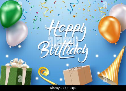 Fondo de cumpleaños con globos y regalos, elemento de diseño. Ilustración  vectorial Imagen Vector de stock - Alamy