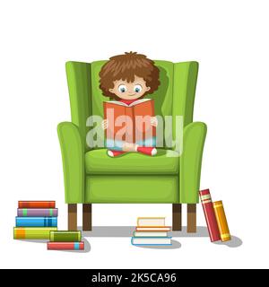 El niño se sienta en una silla y lee un libro. Aislado sobre fondo blanco. Foto de stock