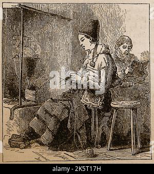 Un grabado de 1890's de una escena doméstica típica que muestra a pareja sueca en su hogar, ella se coñe mientras él lee. ------------ En gravyr från 1890-talet av en typisk inhemsk scen som ver svenska par i deras hem, hon stickar medan han läser. Foto de stock