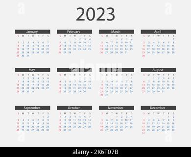 Calendario 2023 con las semanas comienzan el domingo Imagen Vector de ...