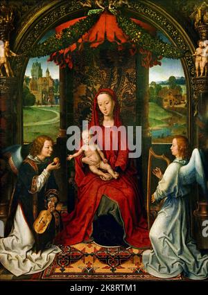 Madonna y el Niño Entronizado con ángulos 1480 por Hans Memling - Memlinc ( 1430 – 1494) fue un pintor alemán belga flamenco Foto de stock