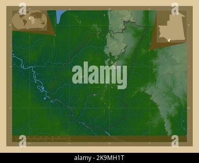 Guidimaka, región de Mauritania. Mapa de altura en color con lagos y