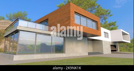 Moderno diseño de fachada combinada de una moderna casa de campo en las  colinas. Tablero de fachada, ladrillo negro y pizarra antigua. Piedra de  pavimentación natural. presentación 3d Fotografía de stock -