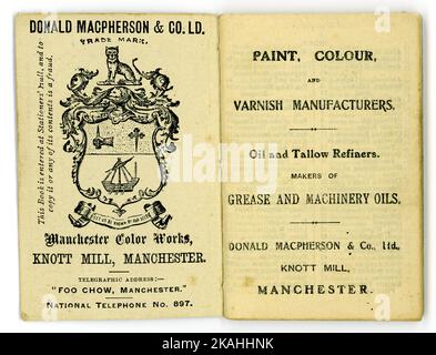 Original de la página interior del diario de Donald Macpherson & Co Ltd Fabricantes de pinturas de aceites Colores y barnices, Knott Mill, Manchester, U.K de fecha 1909.