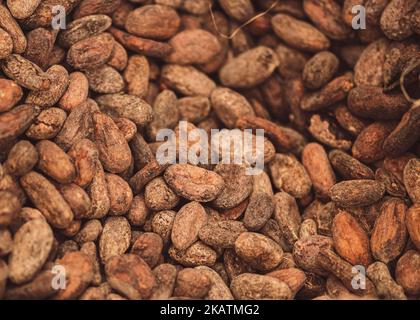 Frijoles asados o semillas de Theobroma cacao o cacao en un saco de yute, primer plano Foto de stock