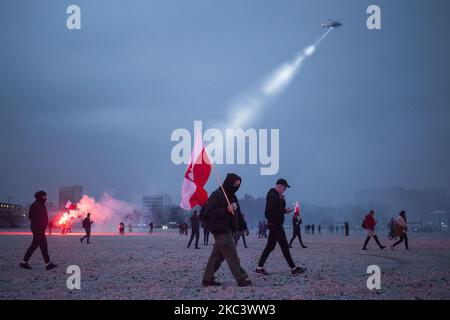 Manifestante ostenta la bandera polaca durante la Marcha de la Independencia en Varsovia el 11 de noviembre de 2020. (Foto de Maciej Luczniewski/NurPhoto) Foto de stock