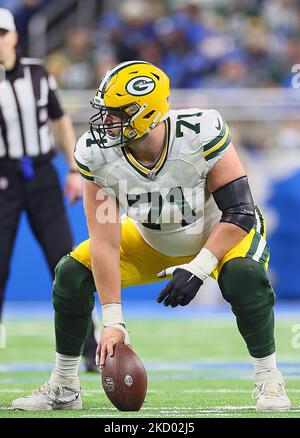 Green Bay Packers center Josh Myers (71) plays against the Detroit Lions  during an NFL football game in Detroit, Sunday, Nov. 6, 2022. (AP  Photo/Paul Sancya Stock Photo - Alamy