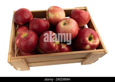 manzanas rojas maduras en caja de madera aisladas sobre fondo blanco, vista superior, frutas orgánicas Foto de stock