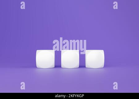 Baldosas de plástico blancas sobre fondo violeta, renderizado 3D. Cubos de letras sin signo, maqueta para abreviaturas y signos Foto de stock