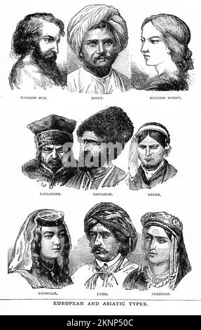 Grabado de varios tipos raciales de personas, alrededor de 1880 Foto de stock