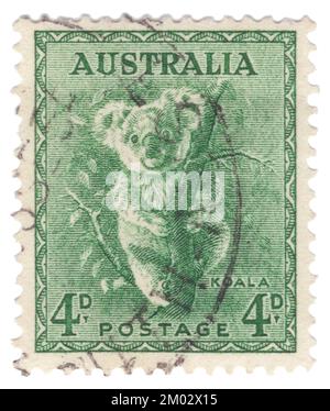 AUSTRALIA — 1942: Un sello de franqueo verde de 4 peniques que representa la serie de Koala, el rey Jorge VI y la reina Isabel. El oso koala (Phascolarctos cinereus), es un marsupial herbívoro nativo de Australia. Es el único representante existente de la familia Phascolarctidae y sus parientes vivos más cercanos son los wombats. El koala se encuentra en las zonas costeras de las regiones oriental y meridional del continente, que habitan Queensland, Nueva Gales del Sur, Victoria y Australia Meridional Foto de stock