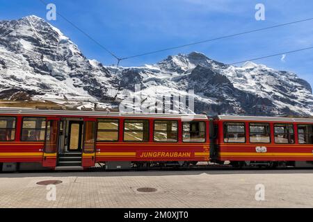 Dos carruajes del tren Jungfraubahn con la cima de montaña de Monch y Jungfrau al fondo. El tren va de Kleine Scheidegg a Jungfraujoch Foto de stock