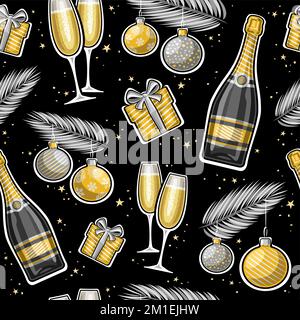 Vector Año Nuevo Patrón sin costuras, fondo repetido con ilustración de bolas de plata colgantes en ramas de abeto, dos copas de vino, cajas de regalo de dibujos animados, d