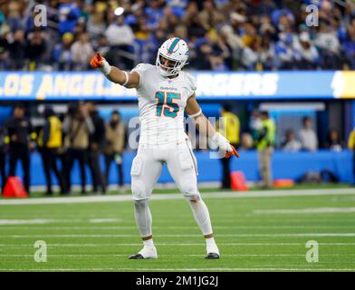 Miami Dolphins linebacker Jaelan Phillips (15) walks on the field ahead of  an NFL football game against the New York Jets, Sunday, Jan. 8, 2023, in  Miami Gardens, Fla. (AP Photo/Rebecca Blackwell