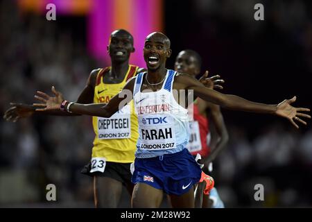 Mo Farah gana la final masculina 10,000m durante el Campeonato Mundial de la IAAF 2017 en Londres, Reino Unido, el viernes 04 de agosto de 2017. Los Mundos están teniendo lugar del 4 al 13 de agosto. FOTO DE BELGA DIRK WAEM Foto de stock