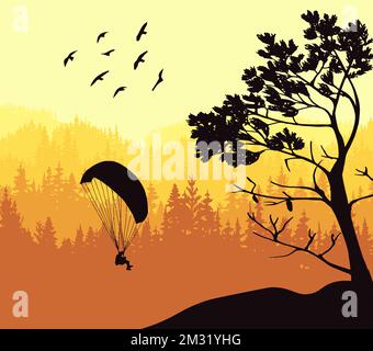 Mágico paisaje brumoso con parapente y aves. Siluetas de árboles y montañas. Ilustración amarilla, naranja y marrón. Insignia, pegatina. Ilustración del Vector
