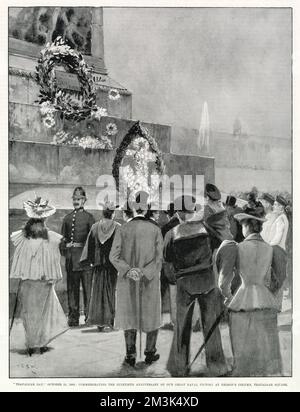 Conmemorando el decimonoveno aniversario de la victoria de la Batalla de Trafalgar. Las multitudes se reúnen alrededor de la columna de Nelson en Trafalgar Square el 21 de octubre de 1895. Las coronas se colocan en los peldaños.