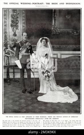 El príncipe Arturo de Connaught (1883 - 1938), con su novia, ex Alejandra, duquesa de Fife (1891 - 1959), fotografía oficial de la boda.