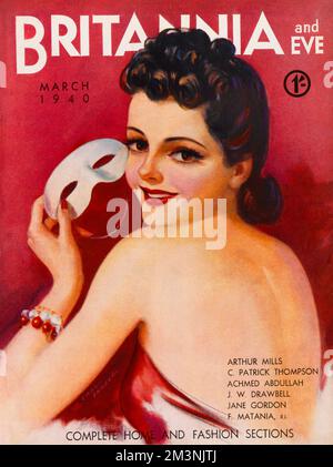 Ilustración de la portada con una glamorosa mujer de 1930s años que lleva un vestido rojo sin espalda, brazaletes rojos y blancos y una máscara blanca. Fecha: 1940 Foto de stock