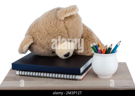 Teddy Bear está durmiendo en los libros de texto aislados sobre fondo blanco Foto de stock