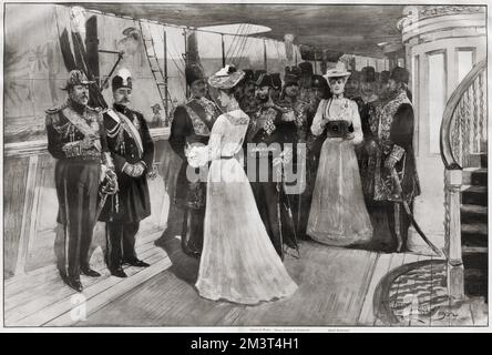 La visita de Muzaffir-ed-Din (Mozaffar ad-Din Shah Qajar), Shah de Persia, al rey Eduardo VII en Portsmouth el 20th de agosto de 1902: La princesa Victoria fotografiando al rey y al Sha a bordo del yate real. La reina Alexandra también se muestra usando su cámara. Foto de stock