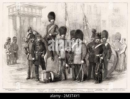 Oficiales y Privados de la Honorable Artillery Company de Londres con uniforme de 1861. El oficial montado es el Teniente Coronel Lord Colville. Fecha: 1861 Foto de stock