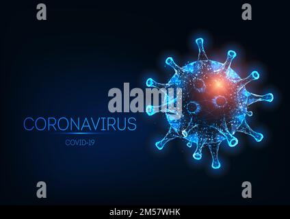 Célula de Coronavirus COVID-19 poligonal baja brillante futurista aislada en fondo azul oscuro. Brote de infección viral, concepto de alerta pandémica. Moder Ilustración del Vector