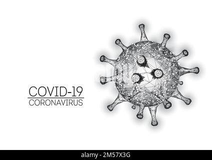 Célula COVID-19 del coronavirus aislada sobre fondo blanco. Brote de infección viral, concepto de alerta pandémica. Moderno diseño de malla de bastidor de alambre poligonal bajo Ilustración del Vector