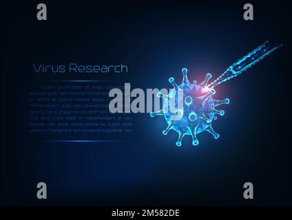 Concepto de investigación de infección viral. Célula de virus de gripe poligonal baja brillante futurista y pipeta médica y espacio de copia para texto sobre fondo azul oscuro. Ilustración del Vector