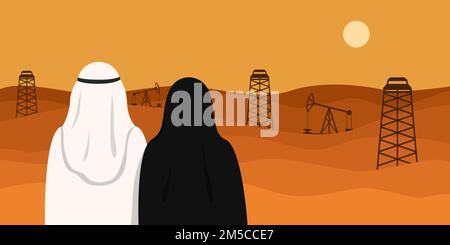 Hombre y mujer árabes mirando el campo petrolero en el desierto. Ilustración vectorial. Ilustración del Vector