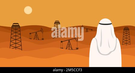 Hombre en kandura blanca mirando el campo petrolero en el desierto. Ilustración vectorial. Ilustración del Vector