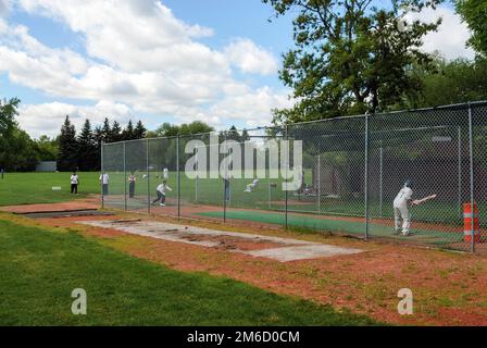 Un jugador de cricket practicando su swing en una jaula de bateo en Riley Park, Calgary, Alberta, Canadá Foto de stock