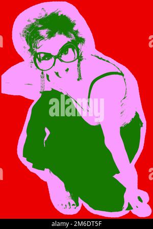 Póster con niña sobre fondo rojo en estilo pop art Foto de stock