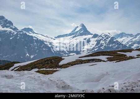 Vista panorámica aérea - Primera montaña con nieve, Grindelwald, Suiza - Montañas de los Alpes suizos - Región de Jungrau, Ober bernés Foto de stock