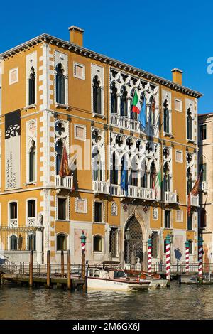 Bandera del Arte de la Universidad de Ciencias en el Gran Canal de Venecia contra el Puente de la Academia Foto de stock