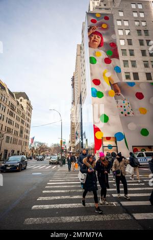 The flagship Louis Vuitton store in Midtown Manhattan in New York on  Sunday, January 8, 2023 is decorated with a giant mural of Yayoi Kusama,  promoting her collaboration with the brand. (©