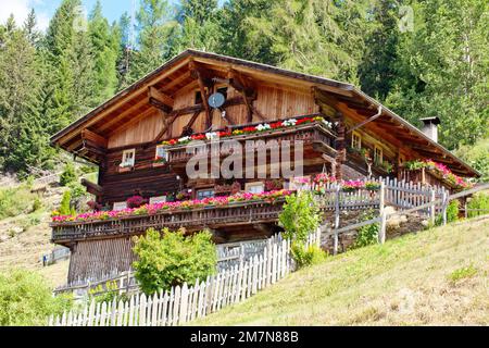 Casa de campo Tirolesa del Sur en pendiente empinada en el borde del bosque Foto de stock