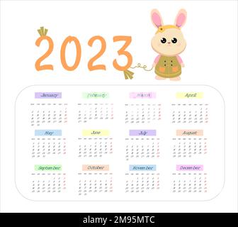 calendario 2023 con lindo conejo. Calendario de páginas verticales de 12  meses símbolo de mascota de personaje de liebre año. lindo conejito 2023 al  calendario chino. ilustración vectorial 8568191 Vector en Vecteezy