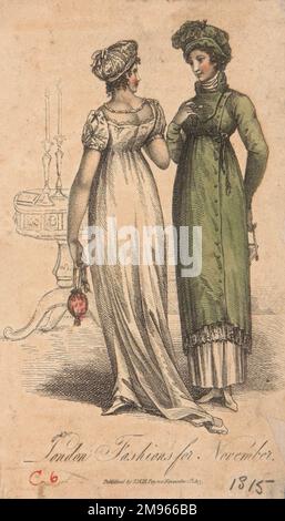 Placa de moda de principios del siglo 19th que muestra el típico contorno clásico, y cintura alta de moda de la época. Foto de stock