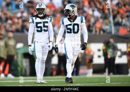 Carolina Panthers linebacker Chandler Wooten (50) battles with Denver  Broncos linebacker Justin Strnad (40) on special teams during an NFL  football game, Sunday, Nov. 27, 2022, in Charlotte, N.C. (AP Photo/Brian  Westerholt