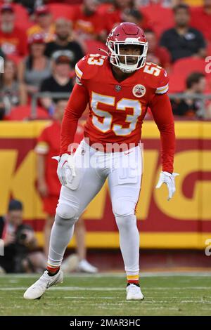 Kansas City Chiefs linebacker Jermaine Carter (53) gets set on defense  during an NFL pre-season football game against the Green Bay Packers  Thursday, Aug. 25, 2022, in Kansas City, Mo. (AP Photo/Peter