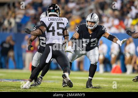 Las Vegas Raiders guard Jermaine Eluemunor (72) lines up against the  Indianapolis Colts during the first half of an NFL football game, Sunday,  Nov 13, 2022, in Las Vegas. (AP Photo/Rick Scuteri